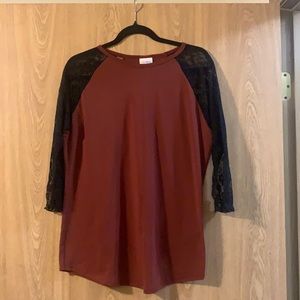 Lularoe 3/4 Lace Sleeve Top Burgundy/Black L